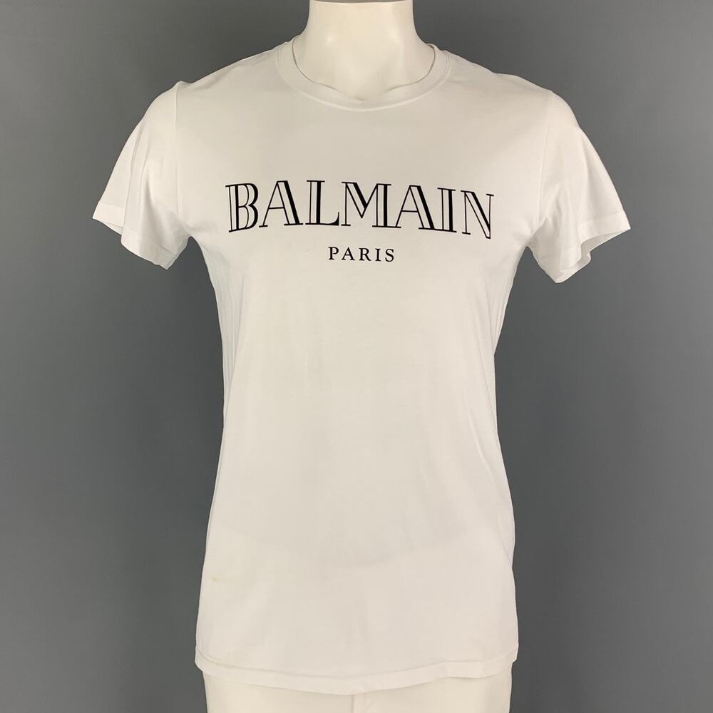 BALMAIN Size L White Logo Cotton T-shirt